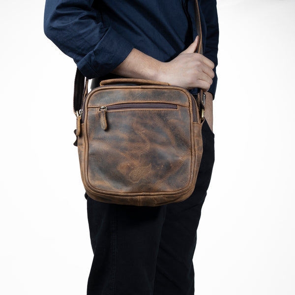 Vintage Look Textured Leather Side Bag for Men