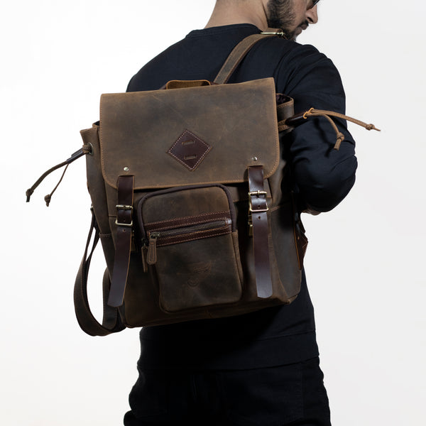 Men's Textured Leather Flap Backpack with Front Zipper