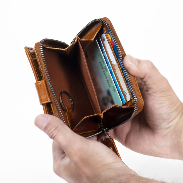 AHM CRAFT Vintage Brown Genuine Leather Zipper Wallet with ID Window and Chain Pocket