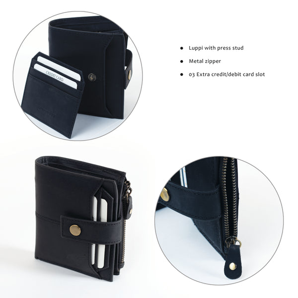 Premium Genuine Leather Bifold Wallet with Coin Pocket & Card Slots - Black