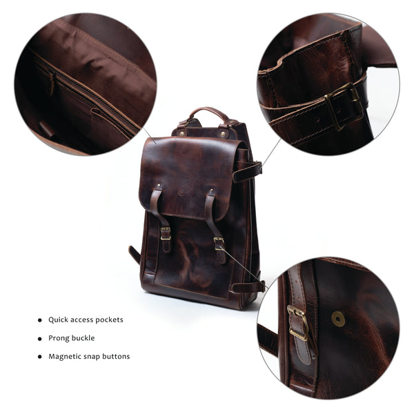Vintage Distressed Leather Flap-Top Backpack with Buckle Straps