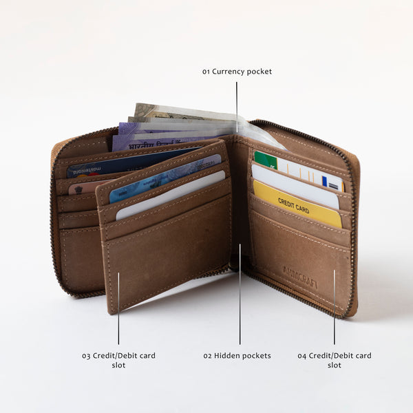 Stylish Tan Genuine Leather Zipper Wallet with ID Window & Card Slots