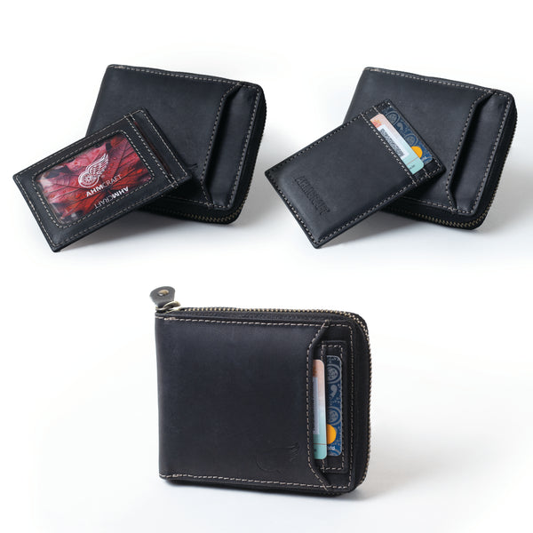 AHM CRAFT Men's Olive Green Genuine Leather Bi-Fold Wallet with Zipper and Multiple Slots